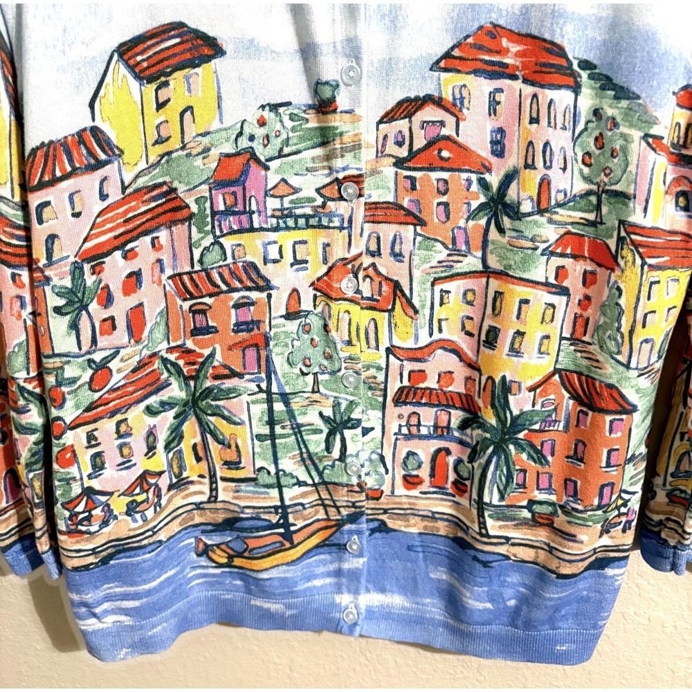 Talbots XL Cardigan Sweater Mediterranean Village Print Measures Like L - Picture 4 of 12